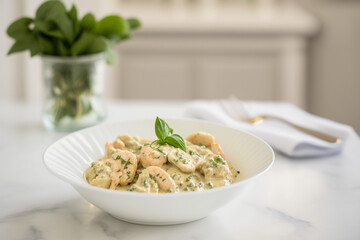 Creamy Garlic Butter Tuscan Shrimp Linguine with Isometric Studio Lighting