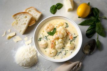 Creamy Garlic Butter Tuscan Shrimp Linguine with Isometric Studio Lighting