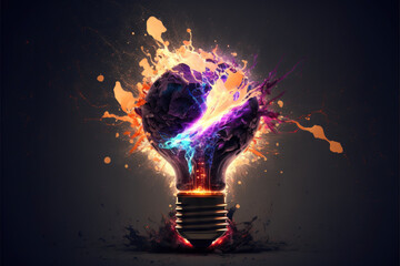 A light bulb with colorful paint splatters coming out of it. Generative AI.