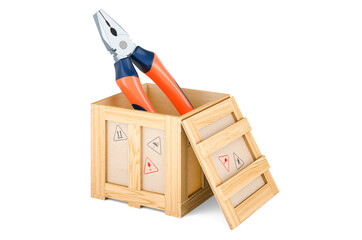 Pliers inside wooden box, delivery concept. 3D rendering