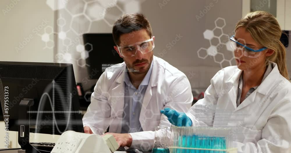 Poster animation of computer language, hexagon patterns over caucasian scientists doing research in lab