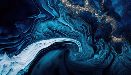 White-blue liquid marble with gold splashes, liquid art 