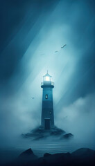 Beautiful night seascape with lighthouse at blue dark night