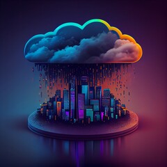 Cloud and rain of data over city, generative ai