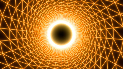Flying inside neon striped circular tunnel with a dark pulsating sphere in the end. Motion. Endless digital journey.