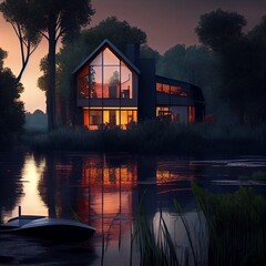 Luxury house over lake, generative ai