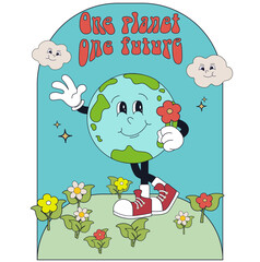 Planet earth poster in 70s groove style. Earth, ecology, flowers, clouds. vector image