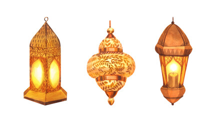 Obraz premium Watercolor set golden lamp lantern with candle and arabic print. Hand-drawn illustration isolated on white background. For islamic celebration day ramadan kareem, eid al fitr adha, arabesque design.