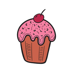 Muffin with whipped cream and cherry on top. Cupcake dessert in doodle sketch style. Colorful hand drawn vector illustration on watercolor stain background. For menu,bar,coffee shop, cafe, restaurant