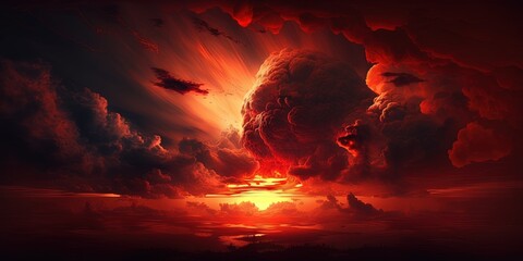 Red background with dramatic sky and clouds, suitable for Halloween or end-of-the-world design concepts, Generative AI