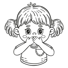 Surprised child girl close mouth with hand, stop talk, silence gesture line icon. Fear, shock or amazement emotion. Hiccup, nausea. Keep secret, quiet. Palms on face. Kid coloring book. Outline vector