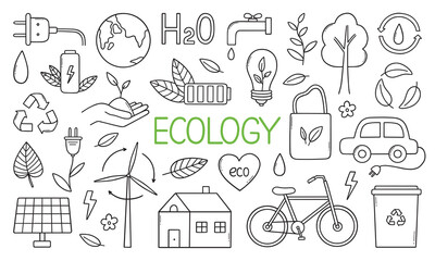 Ecology doodle set. Green energy, nature protection, zero waste, eco friendly concept. Vector illustration isolated on white background.