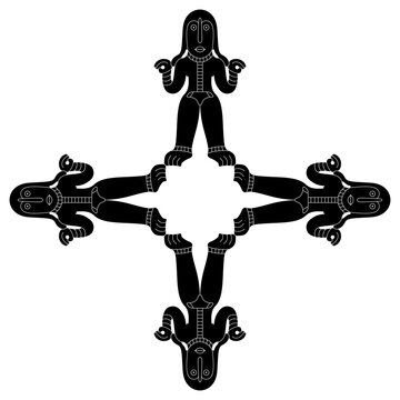 Square ornamental shape of frame with four female figurines. Pagan goddess. Black and white silhouette. Permian animal style from ancient Siberia.