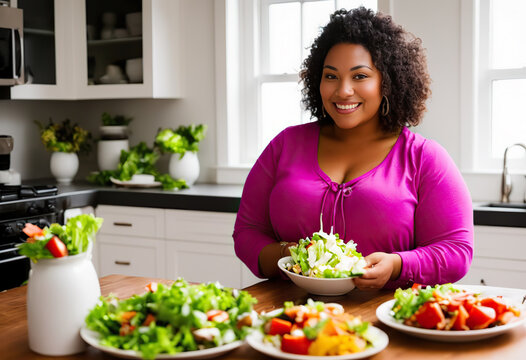 Portrait Of Attractive Young Plus Size Black Woman Eating Fresh Vegetarian Salad Enjoying Tasty Fresh Vegetables Sitting At Table In Modern Kitchen.