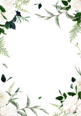 Classic white peony, ivory rose flowers, cedar branch, eucalyptus, fern
