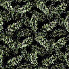 Naklejka na ściany i meble Exotic leaves, rainforest. Seamless, hand painted, watercolor pattern. watercolor background.