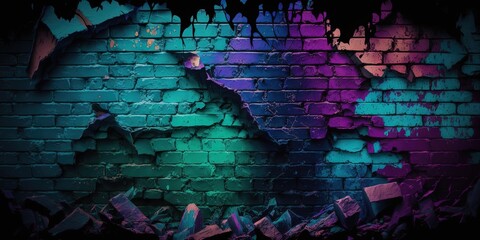 Multicolored brick wall with gradient Rough, grunge background with space for design, damaged and aged, Generative AI