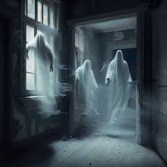 Creepy Ghosts Lurking in the Empty haunted Room - generative AI