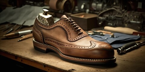 Carefully crafted leather shoes designed and made by hand, concept of Customization and Artisanal, created with Generative AI technology