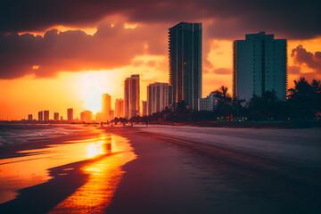 Naklejka premium Miami, Florida, USA, at sunset. Miami beach, Skyscrapers buildings in miami city. Ai Generated Illustration..