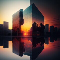 building exterior with sunrise cityscape, generative ai