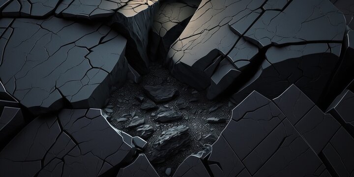 Cracked rock texture, black background Perfect for design Spacious banner with volumetric detail, Generative AI