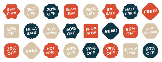 Set of Sale badges. Sale quality tags and labels. Template banner shopping badges. Special offer, sale, new, shop now, 50% off. Vector illustration