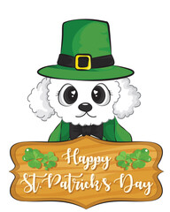 A dog in a leprechaun hat on a white background with green clovers. St Patrick's Day concept