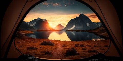 View from tent to beautiful mountain landscape with lake and the dawn sun, concept of Vastness and Peacefulness, created with Generative AI technology