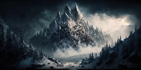 Jagged peaks rise up from the valley below covered in snow in some places and dotted with forests, concept of Majestic scenery and Rugged terrain, created with Generative AI technology - obrazy, fototapety, plakaty