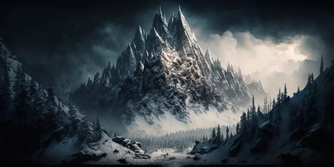 Möbelaufkleber Jagged peaks rise up from the valley below covered in snow in some places and dotted with forests, concept of Majestic scenery and Rugged terrain, created with Generative AI technology © koldunova