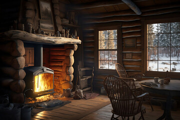 Fototapeta na wymiar Cabin Interior, Cabin Interior With Winter And Fireplace, Generative Ai