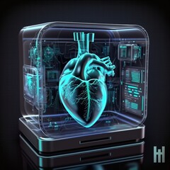 Medical cardiology technology. Medical interface for monitoring the scanning and analysis of heart disease. Healthcare concept. Hologram heart with interface, ultrasound and cardiogram, generative ai 