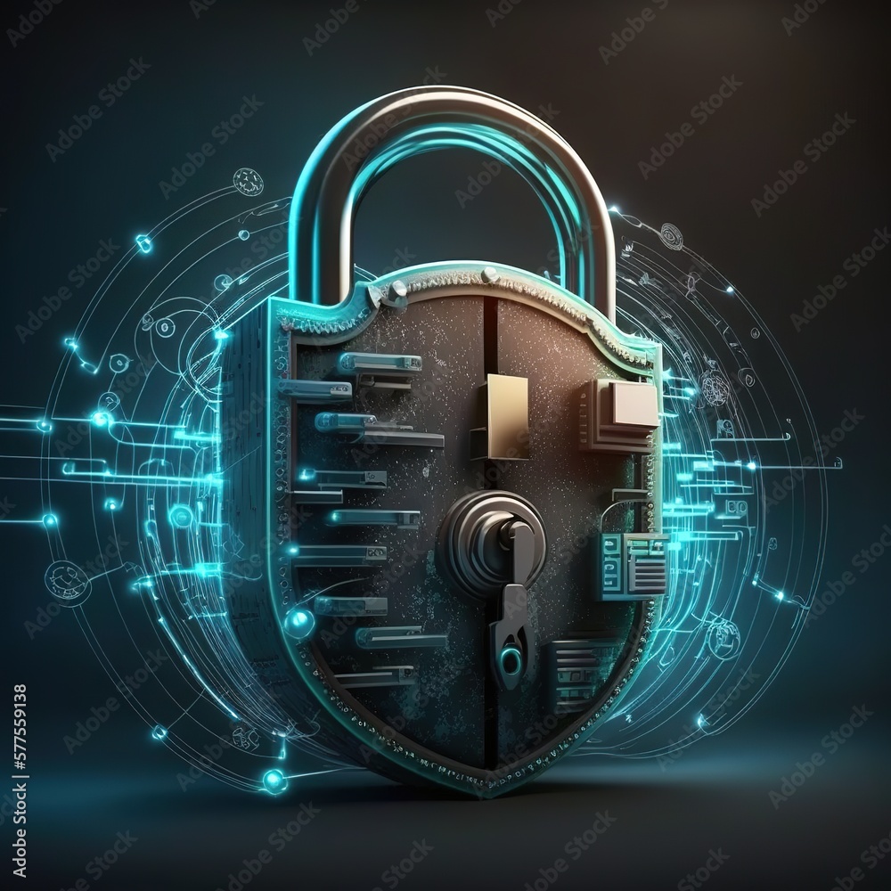 Poster data security and protection using a digital glowing padlock on a computer screen in an abstract hal