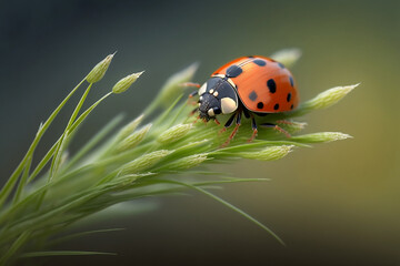 Fototapeta premium Ladybird On A Grass, Ladybug On Grass With Copy Space, Macro, Generative Ai
