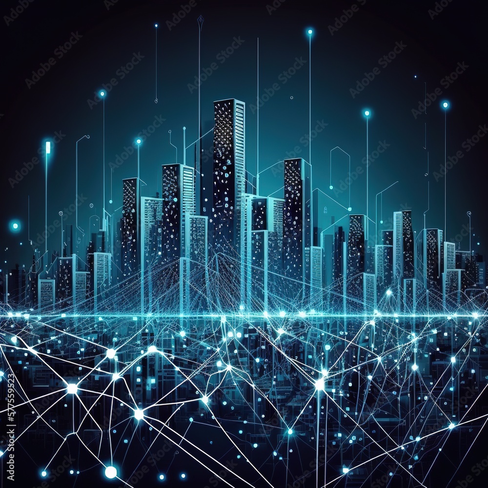 Poster smart city and abstract dot point connect with gradient line and aesthetic intricate wave line desig