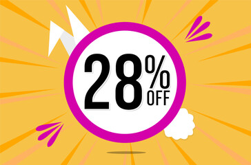 28 percent off. Orange banner with floating pink and white balloon for easter special offer and promotion.