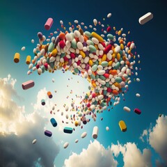 Assorted pharmaceutical medicine pills, tablets and capsules.Pills background, GENERATIVE AI - obrazy, fototapety, plakaty