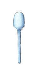 Watercolor illustration of a disposable plastic spoon. Realistic used utensils. Garbage recycling concept, discarded garbage. Isolated on white background. Drawn by hand.