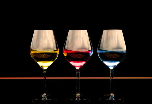 Set of three colorful exotic cocktails in glasses on the display bar. Wines and spirits. 3d render