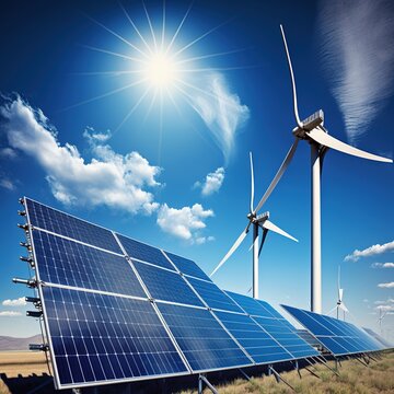 Solar panels and wind generators under blue sky, generative ai