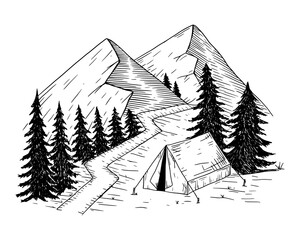 hand drawn sketch of camping in the mountain. Nature landscape illustration