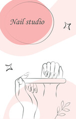 Manicure banner with nail file. Woman sawing fingernails, beauty, aesthetics and elegance. Spa treatments and cuticle care. Professional studio or salon concept. Cartoon flat vector illustration