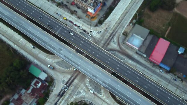 Aerial view of the main road at the red light intersection in the eastern part of Thailand that has just been renovated with the concept of economic development eec eastern part of Thailand.