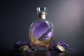 Obraz na płótnie Canvas Lavender essential oil over dark background. Generative AI