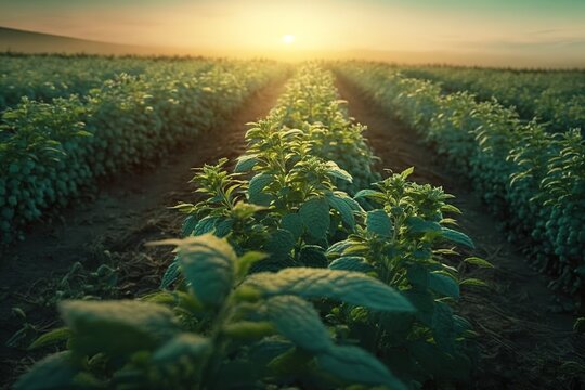 Close up peppermint field under beautiful sunlight. Generative AI