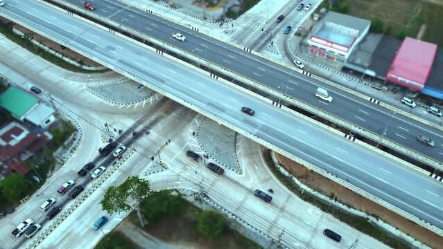 Aerial view of the main road at the red light intersection in the eastern part of Thailand that has just been renovated with the concept of economic development eec eastern part of Thailand.