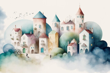 Architectural building watercolor hand drawn landscapes colorful background environment sketch Generative AI - obrazy, fototapety, plakaty