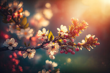 blooming tree blossoms in spring in soft sunlight. Generative AI