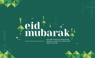 Simple Eid Mubarak Geometric Banner Design With Typography and Ketupat Ornaments
